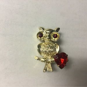 Vintage Signed Judy Lee Owl Pin Red Eyes & Heart Rhinestones.